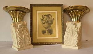 lot 179K image: DR - Decorative Crafts Lacquered 4548 Gold Wall Shelves (Pair) & Ornate Corbels with 9x11 Framed Urn Print