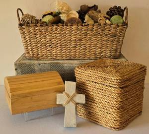 lot 180K image: LR - Woven Basket with Natural Decor, Checkered Box & Cross - Rustic Decor Lot