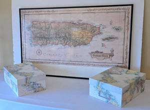 lot 223K image: LR - Framed Caribbean Map and Pair of Map-Pattern Storage Boxes