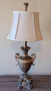 lot 141 image: UL - Antique Bronze Urn Table Lamp with Scroll Handles & Fabric Shade