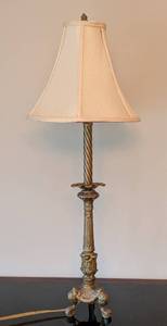 lot 232 image: DR - Ornate Vintage Table Lamp with Cream Fabric Shade & Patina Base