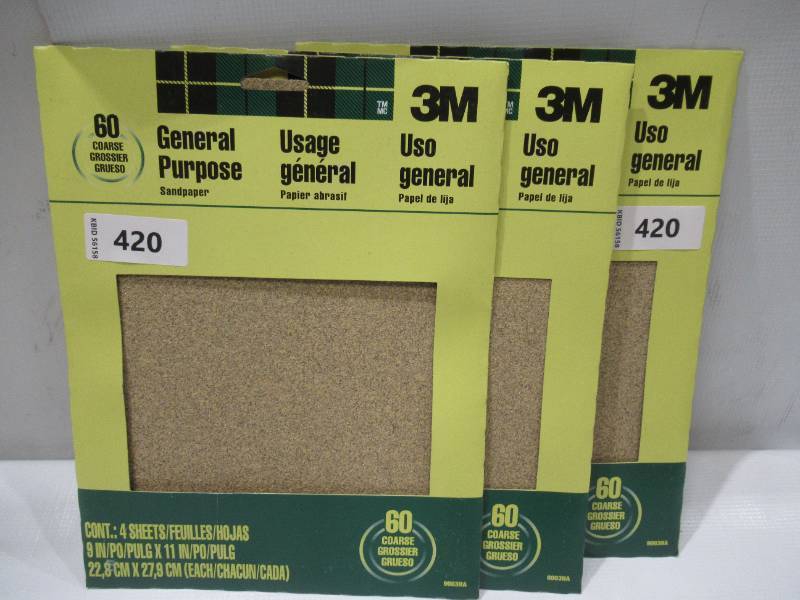 lot 426 image: NEW 3 Packs of 3M 11 in. L x 9 in. W Fine Aluminum Oxide Sandpapers 60 Grit - 4 Sheets per Pack