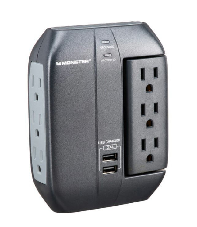 lot 732 image: Monster Cable Wall Tap Surge Protector with 6 SwivelSide Outlets 2 USB Black