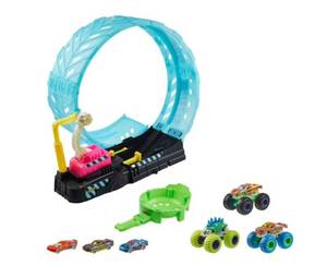 lot 308 image: NEW Hot Wheels Monster Trucks Glow in the Dark Epic Loop Challenge Playset