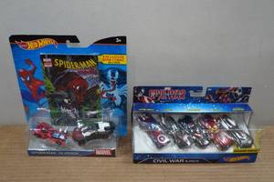 lot 185 image: Hot Wheels Spider-Man Vs Venom & Civil War Packs