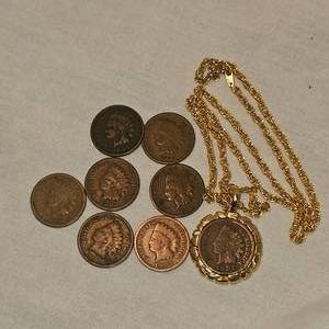 lot 23 image: 8 Indian Head Pennies, One in Very Nice Gold Necklace