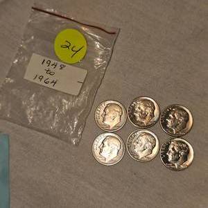 lot 24 image: 6 Silver Roosevelts 10c, 1948-1964