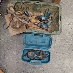Makita 3/8" Drills, 6" Pad Ocillating Sander, Bench Grinder Head, and Misc