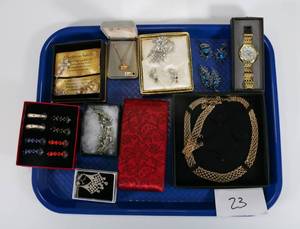 lot 23 image: Better Costume Jewelry Lot - Necklaces, Earrings, Watch (Most in Box)