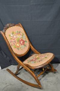 lot 74 image: Antique Carved Wood Rocking Chair with Pink Floral Tapestry Upholstery