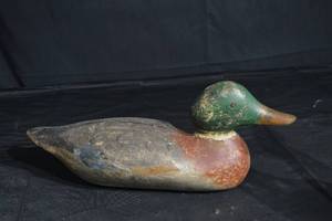 lot 87 image: Hand-Carved Wooden Mallard Duck Decoy - Green Head, Painted Surface