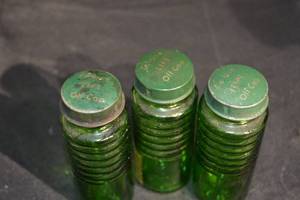 lot 88 image: Paprika Green Glass Spice Jars - Vintage Shaker Set with Perforated Caps