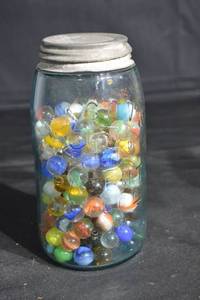 lot 94 image: Glass Marbles in Mason Jar - Assorted Multicolor Marbles for Crafts
