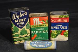lot 95 image: Tin Lot - Wylers Mint Leaves, McCormick Paprika, Schilling Pepper Flakes, Vaseline Camphor Ice