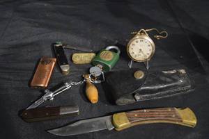 lot 96 image: Antique Pocket Watch & Buck Knife Lot with Lighter, Leather Sheath & Split Shot Tin