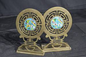 lot 101 image: Pair of Brass Chinese Cloisonn Round Medallion Bookends