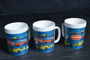 lot 102 image: Vintage Tonka Ceramic Mugs - 3-Pack Blue with Toy Trucks Graphics