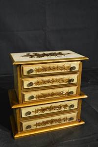 lot 103 image: Miniature Six-Drawer Jewelry Box Dresser - Floral Inlay, Vintage Wood Finish