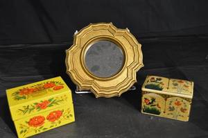 lot 105 image: Gold Round Vanity Mirror & Floral Lacquer Boxes - 3-Piece Decor Set