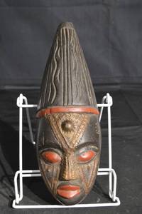lot 110 image: Wooden Carved Mask with Tall Cone Headdress - Dark Finish, Red Lips