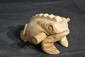 lot 111 image: Frog Figurine - Hand-Carved Wood with Wand - Folk Art Decor