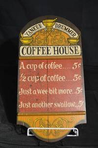 lot 115 image: Yankee Drummer Coffee House Sign - Vintage Wooden Two-Panel Wall Plaque