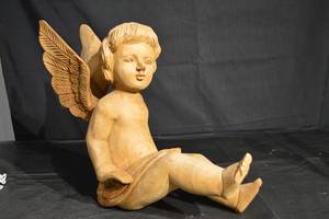 lot 117 image: Wooden Angel Cherub Statue with Wings - Hand-Carved, 18 inches tall