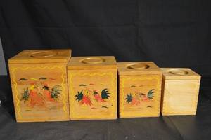 lot 120 image: Wooden Canister Box Set - 4-Piece Hand-Painted Rooster Motif