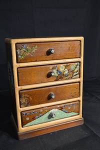 lot 121 image: Hand-Painted Mushroom House 4-Drawer Wood Jewelry Chest - Folk Art
