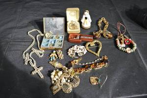 lot 126 image: Pearl Necklace & Vintage Costume Jewelry Lot With Brooches, Earrings, Bracelet, Watch, Box & Figurine