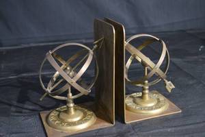 lot 127 image: Brass Armillary Sphere Bookends - Vintage Pair