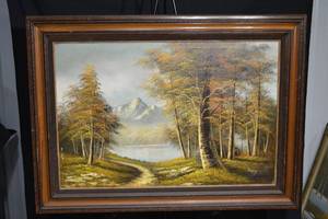 lot 197 image: Benny Original Art Landscape Painting - Mountain Lake Scene - Framed (44x32)