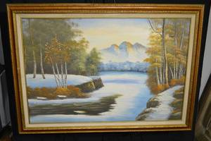 lot 198 image: Landscape Painting - Original Art in Gold Frame, Snowy River Scene, 41.5 in W x 29.5 in H