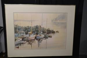 lot 205 image: Break Water - Framed Watercolor of Boats in Harbor (36x28)