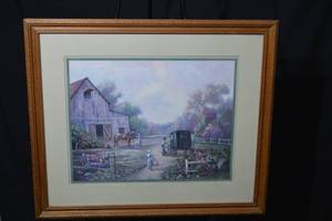 lot 207 image: Framed Farm Scene Print - Barn, Horse & Carriage (26.5 x 22.5 in)