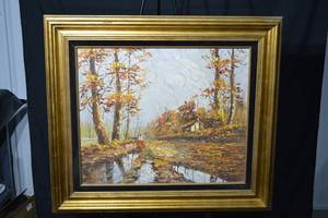lot 208 image: Autumn Forest Landscape Painting - Framed, Figure in Red (32.5x32.5)