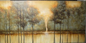 lot 210 image: Landscape Painting - Trees by Water, 60 x 30 in