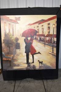 lot 213 image: Painting - Romantic Street Scene with Couple Under Red Umbrella & Dog, 37.5 in x 39.5 in