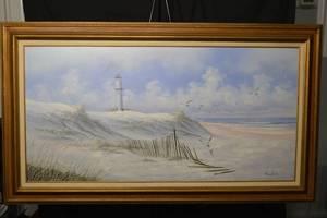 lot 215 image: Seascape Painting - Lighthouse on Dunes, 56 x 32 in, Original, Signed