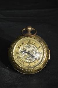 lot 132 image: Antique Brass Pocket Watch Alarm Clock with Engraved Case and Roman Dial