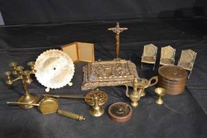 lot 135 image: Antique Brass Religious Lot - Crucifix, Candelabrum, Teapot Lamp, Mini Chairs