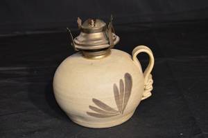 lot 139 image: Ceramic lantern base with Leaf Motif - Round Cream Glaze, Metal Burner Top