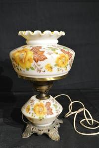 lot 142 image: Table Lamp - Porcelain Floral Pattern With Yellow Flowers & Ruffled Shade