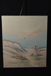 lot 217 image: Seaside Dunes Painting - Woman in Pink Dress with Hat at the Beach (Signed)