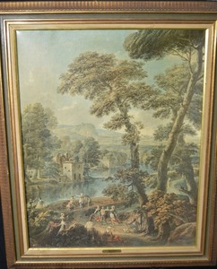 lot 218 image: Environs Monaidi Landscape - Framed Riverside Village Scene