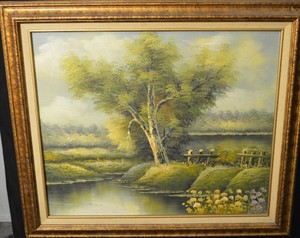 lot 219 image: Framed Landscape Painting - River Scene with Trees, Ornate Gold Frame, 27.5 in x 25.5 in