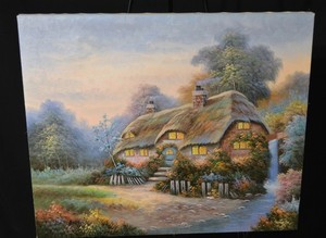 lot 220 image: Thatched Roof Cottage Landscape Painting on Canvas - Signed, Waterfall & Garden (24x20)