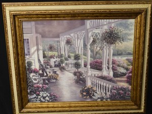 lot 221 image: B. Blown Garden Veranda Painting - Framed, 26 x 22 in