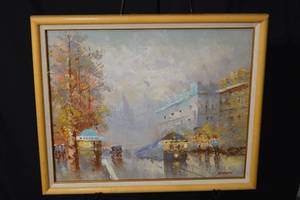 lot 224 image: Cityscape Painting - Framed Impressionist Riverside Street Scene