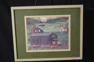 lot 226 image: Framed Farm Scene Print - Barn & Fields Landscape Artwork